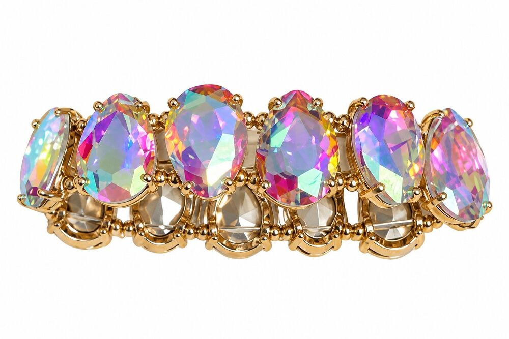Aurora Borealis Rainbow Crystal Oval Statement Stretch Bracelet Gold Tone